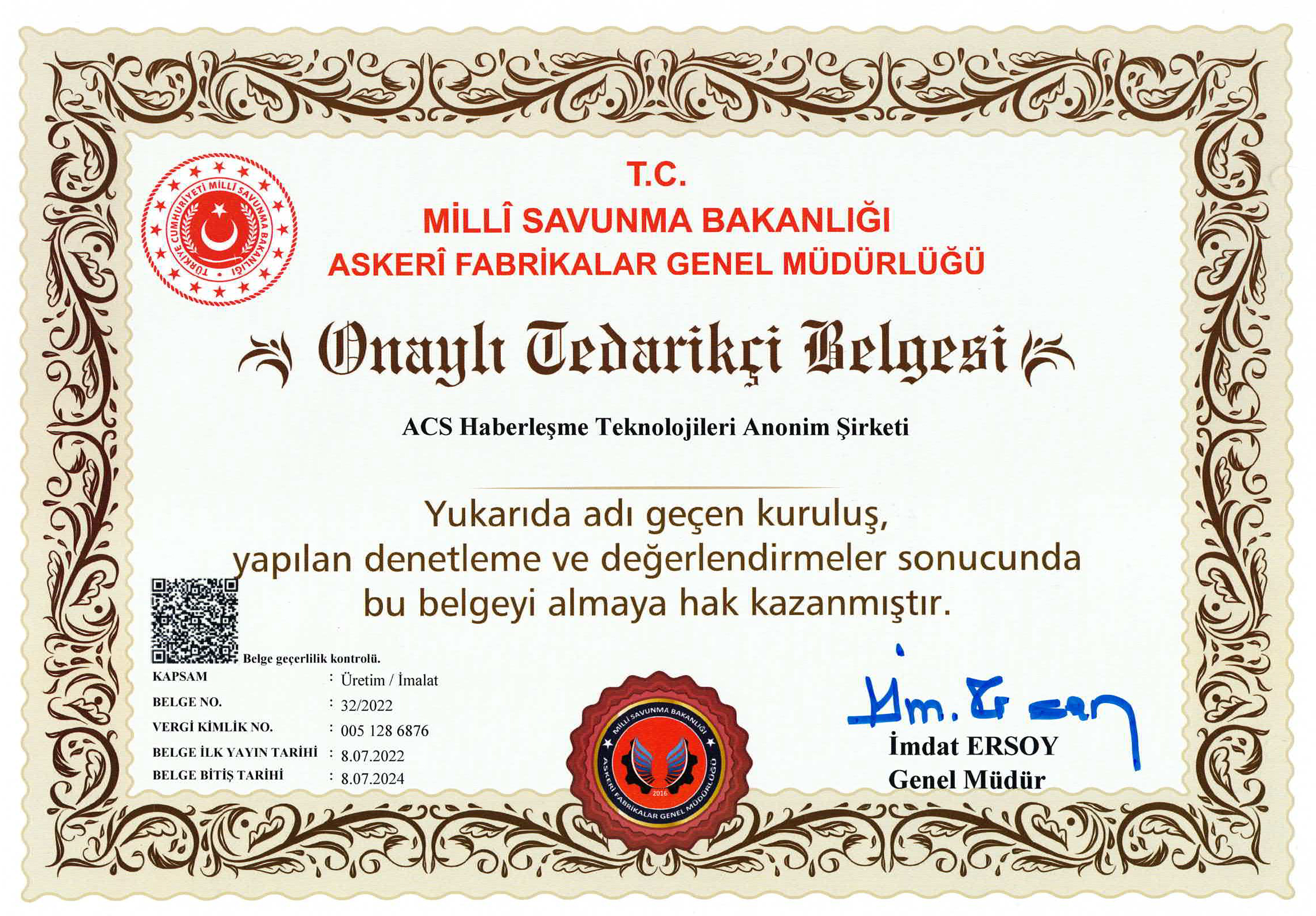 Onaylı Tedarikçi Belgesi